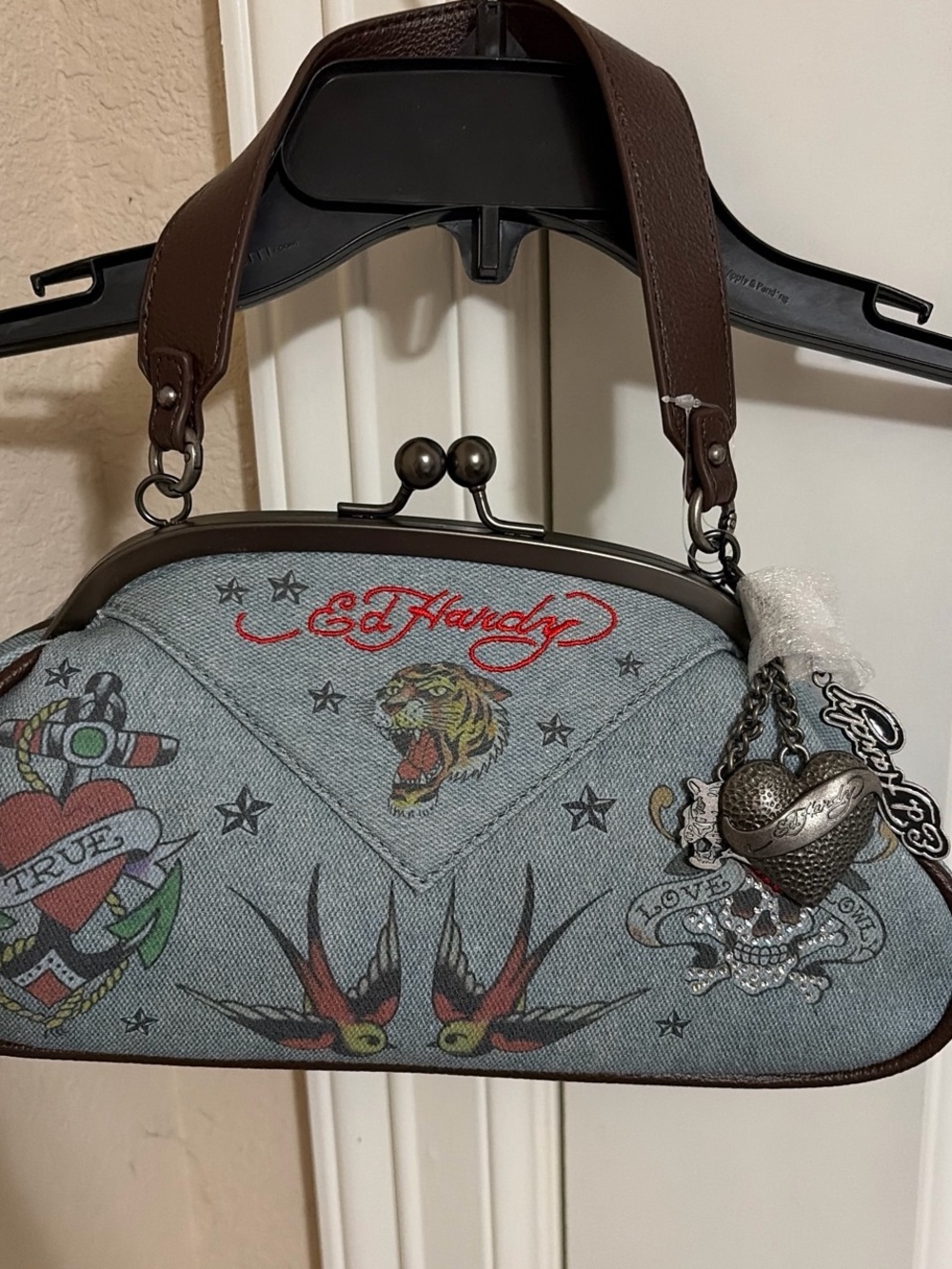 Ed Hardy Denim Tattoo-Print Shoulder Bag with Brown Handles